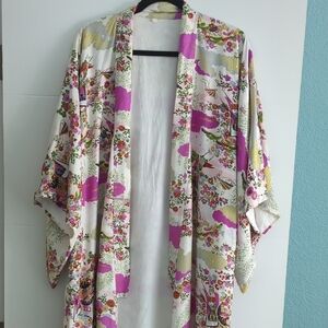 Floral Japanese long line Kimono with Asian inspired accents print one size